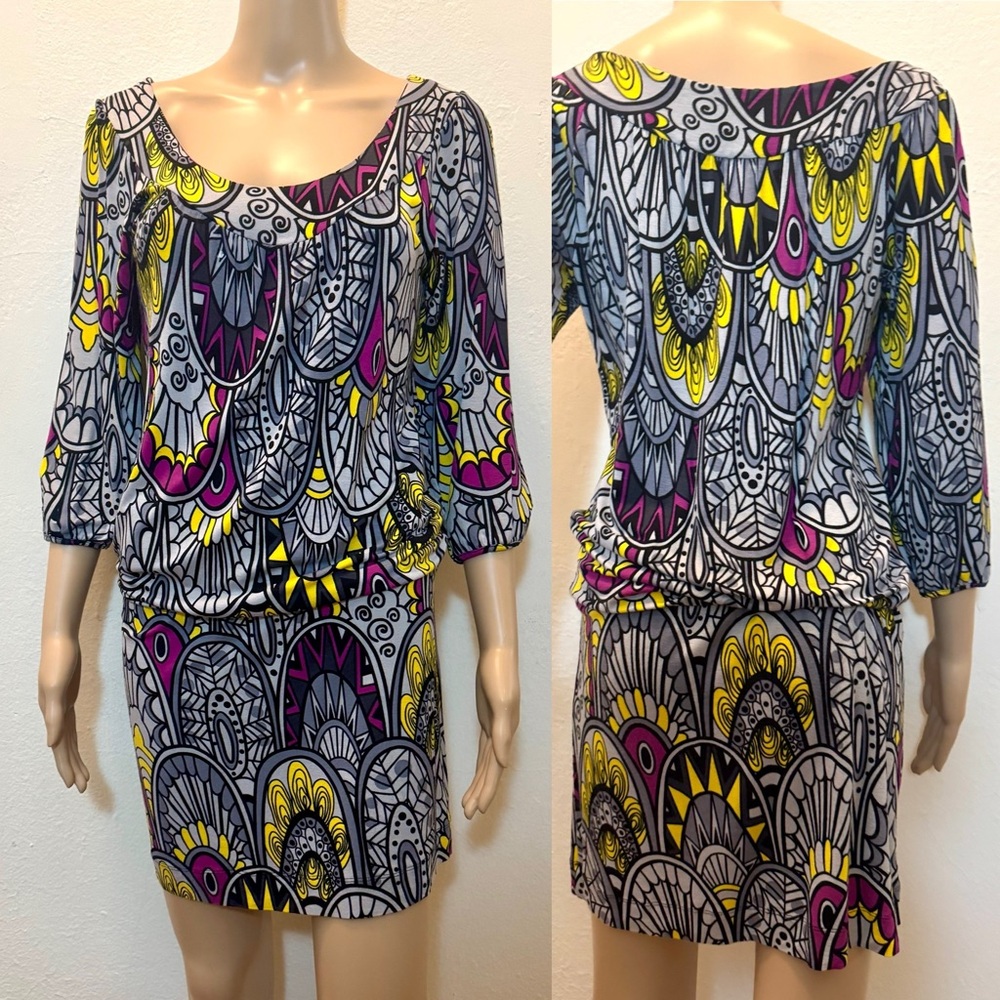 Vertigo Paris Bright Pattern Tunic Stretch Mini Dress, Size XS